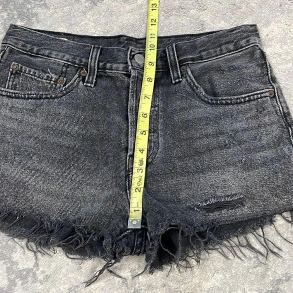 Levis 501 Big E High Rise Cut Off Shorts Washed Trashed Black Sz 26